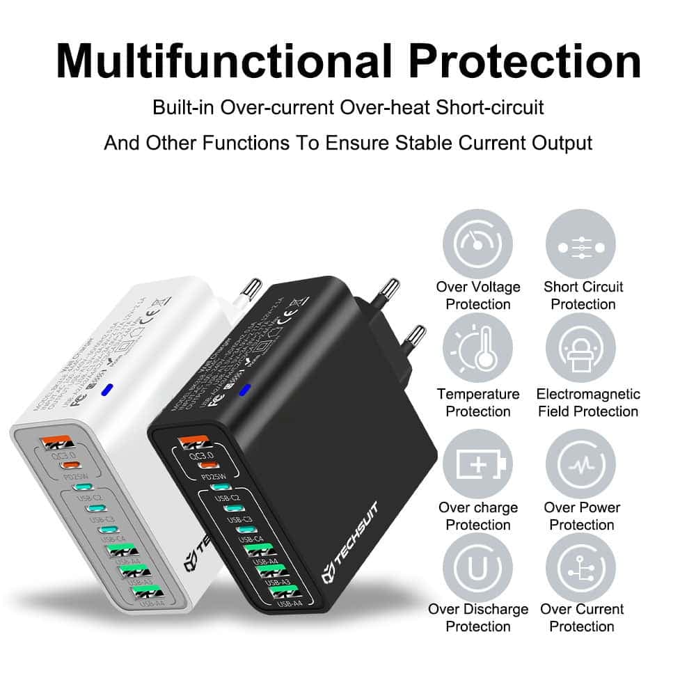 Techsuit - Φορτιστής τοίχου (CHPD224) - 4 x USB, 4 x Type-C, Γρήγορη φόρτιση, 65W - Λευκός 7