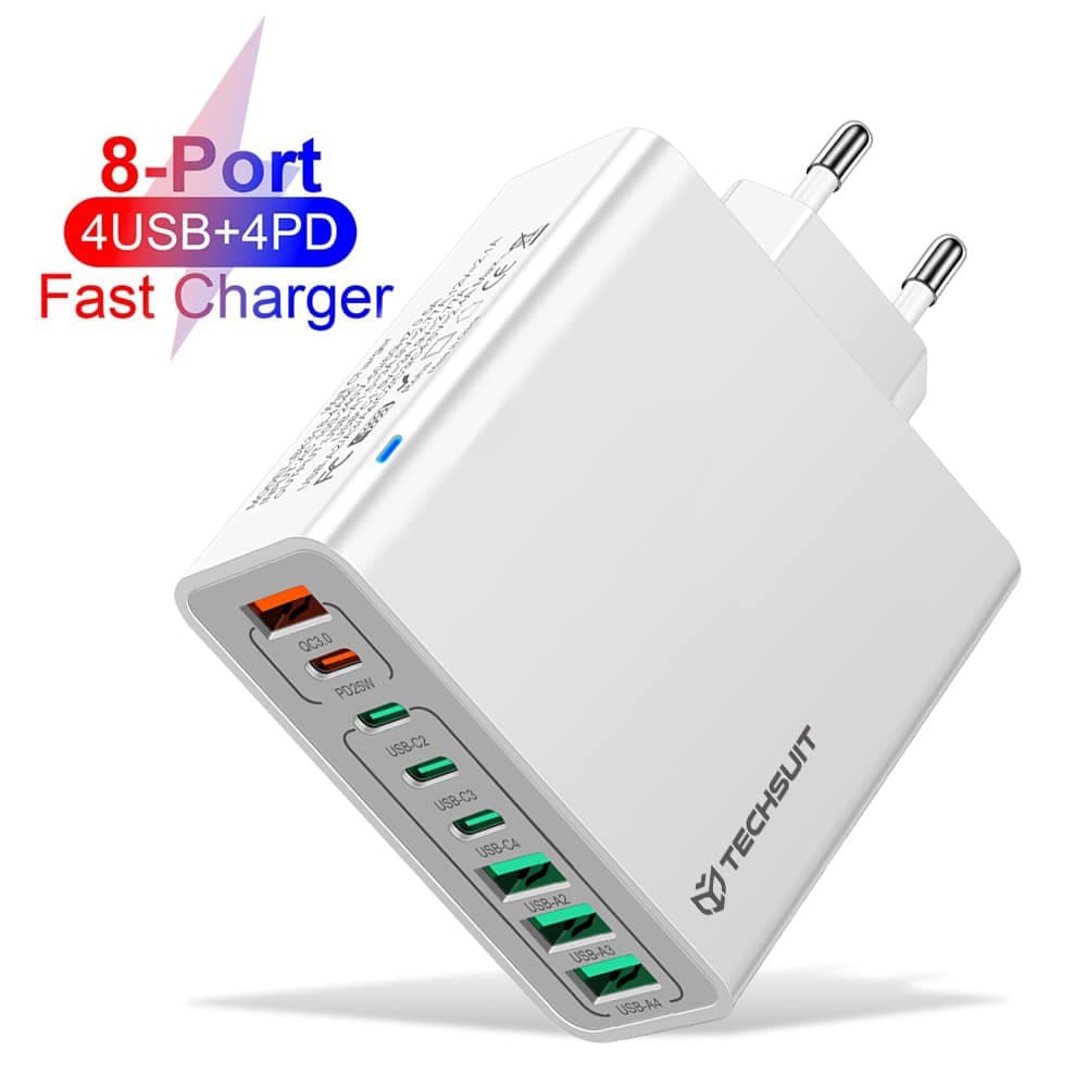 Techsuit - Φορτιστής τοίχου (CHPD224) - 4 x USB, 4 x Type-C, Γρήγορη φόρτιση, 65W - Λευκός
