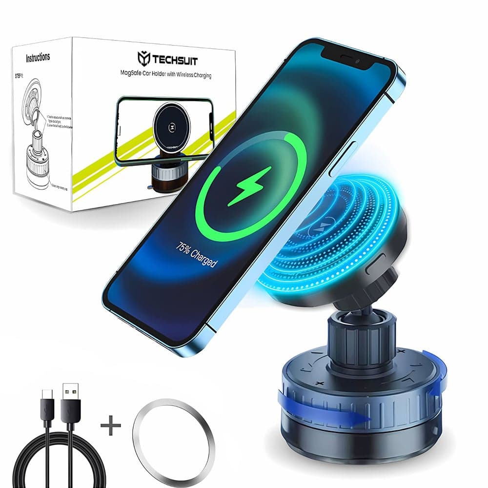 Techsuit - Premium Car Holder με Ασύρματη Φόρτιση (HOLD253) - Μαγνήτες MagSafe N52, Ισχυρή Βεντούζα, Ταμπλό - Μαύρο