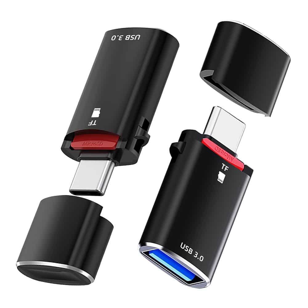 Techsuit - Αναγνώστης καρτών AluVoltX (CC1) - 2 σε 1, USB3.0 σε Type-C OTG, Κάρτα μνήμης TF, 3A, Plug&Play, Γρήγορη μεταφορά δεδομένων - Μαύρο