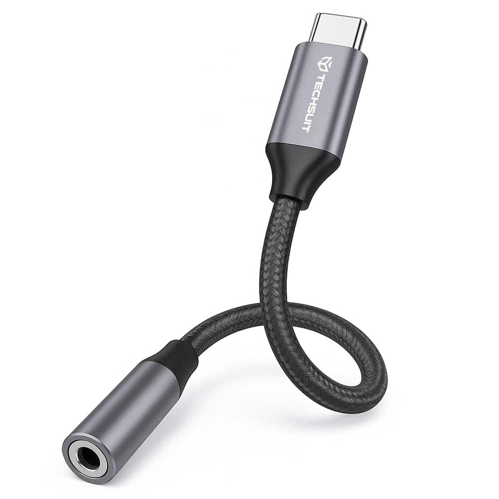 Techsuit - (2 τεμάχια) Προσαρμογέας καλωδίου Premium FuseXound (AC12) - Type-C σε υποδοχή 3,5 mm, 3A, τσιπ DAC, Plug and Play, πλεξούδα - Γκρι 3
