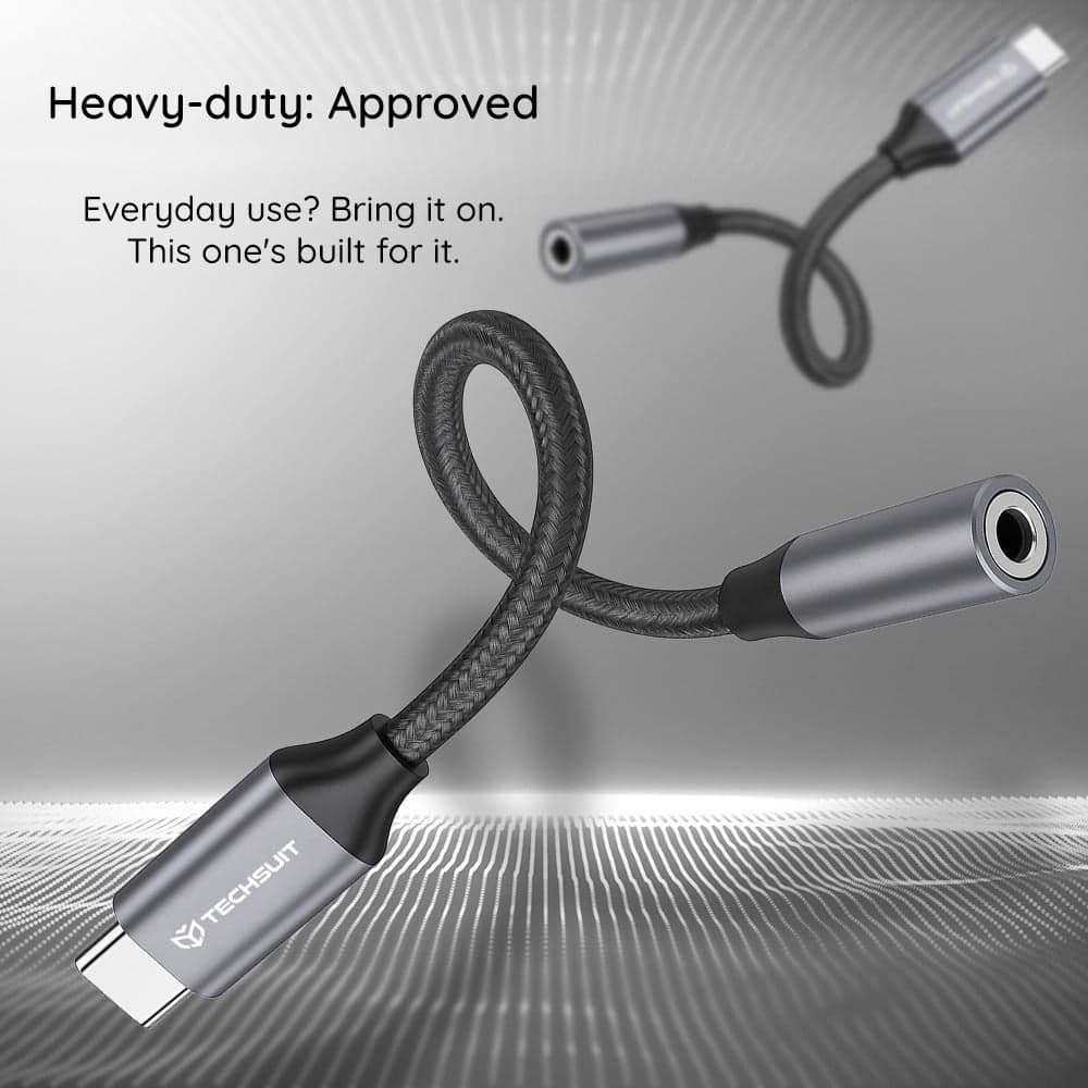 Techsuit - (2 τεμάχια) Προσαρμογέας καλωδίου Premium FuseXound (AC12) - Type-C σε υποδοχή 3,5 mm, 3A, τσιπ DAC, Plug and Play, πλεξούδα - Γκρι 4
