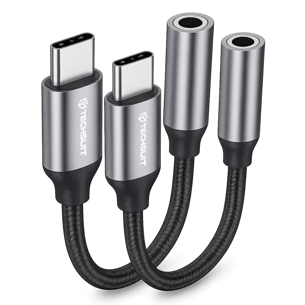 Techsuit - (2 τεμάχια) Προσαρμογέας καλωδίου Premium FuseXound (AC12) - Type-C σε υποδοχή 3,5 mm, 3A, τσιπ DAC, Plug and Play, πλεξούδα - Γκρι
