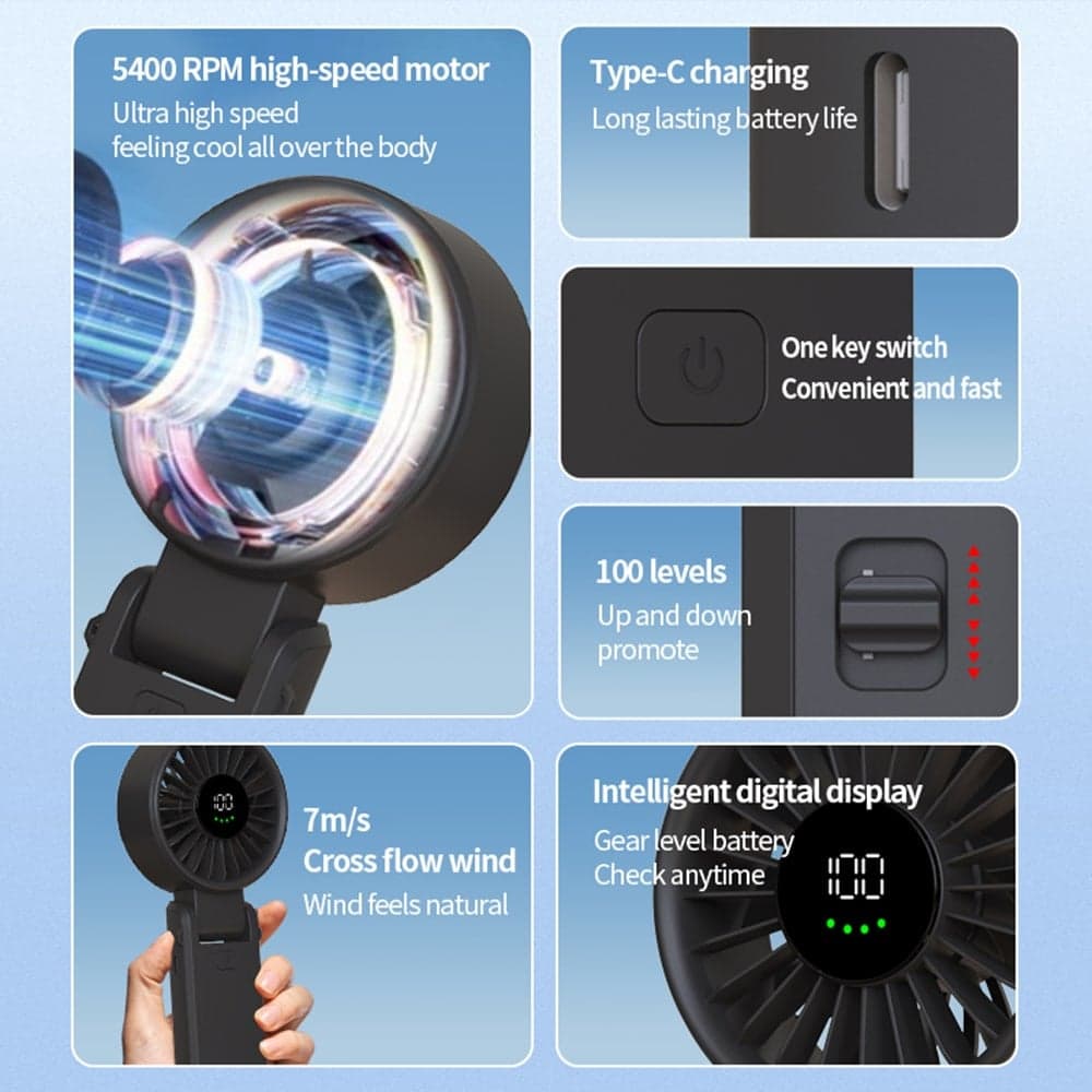 Techsuit - Ανεμιστήρας χειρός Premium Mini (A10) - με ψηφιακή οθόνη LED, επαναφορτιζόμενη θύρα USB-C, 100 ταχύτητες ανέμου, 5400RPM - Μαύρο 5