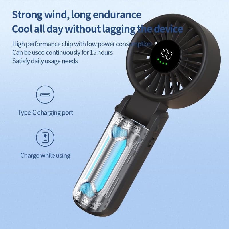Techsuit - Ανεμιστήρας χειρός Premium Mini (A10) - με ψηφιακή οθόνη LED, επαναφορτιζόμενη θύρα USB-C, 100 ταχύτητες ανέμου, 5400RPM - Μαύρο 6