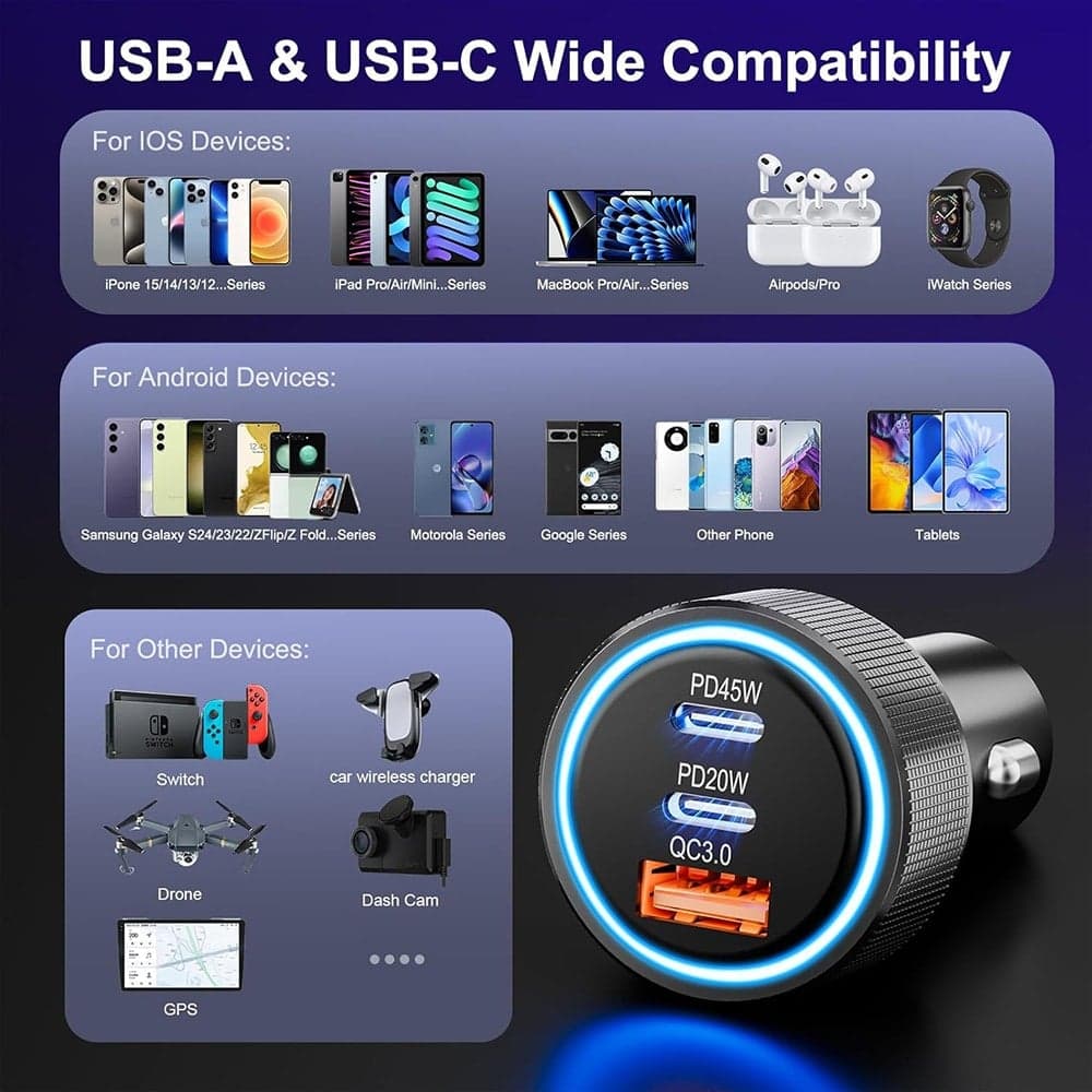 Techsuit - Premium Car Charger Driveboost (c6) - Fast Charge, Led Light, USB, 2x Type-C 60w, 5v/3a, Aluminium Alloy - Silver 7