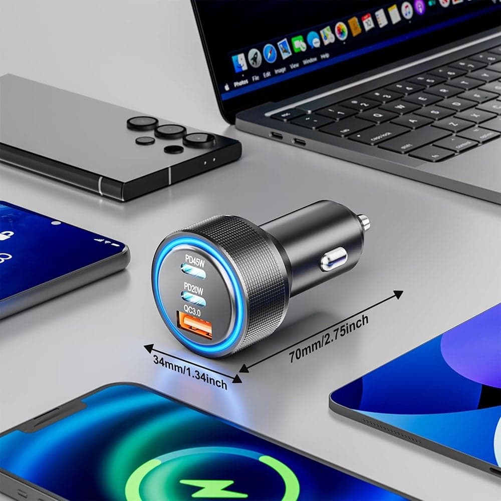 Techsuit - Premium Car Charger Driveboost (c6) - Fast Charge, Led Light, USB, 2x Type-C 60w, 5v/3a, Aluminium Alloy - Silver 3