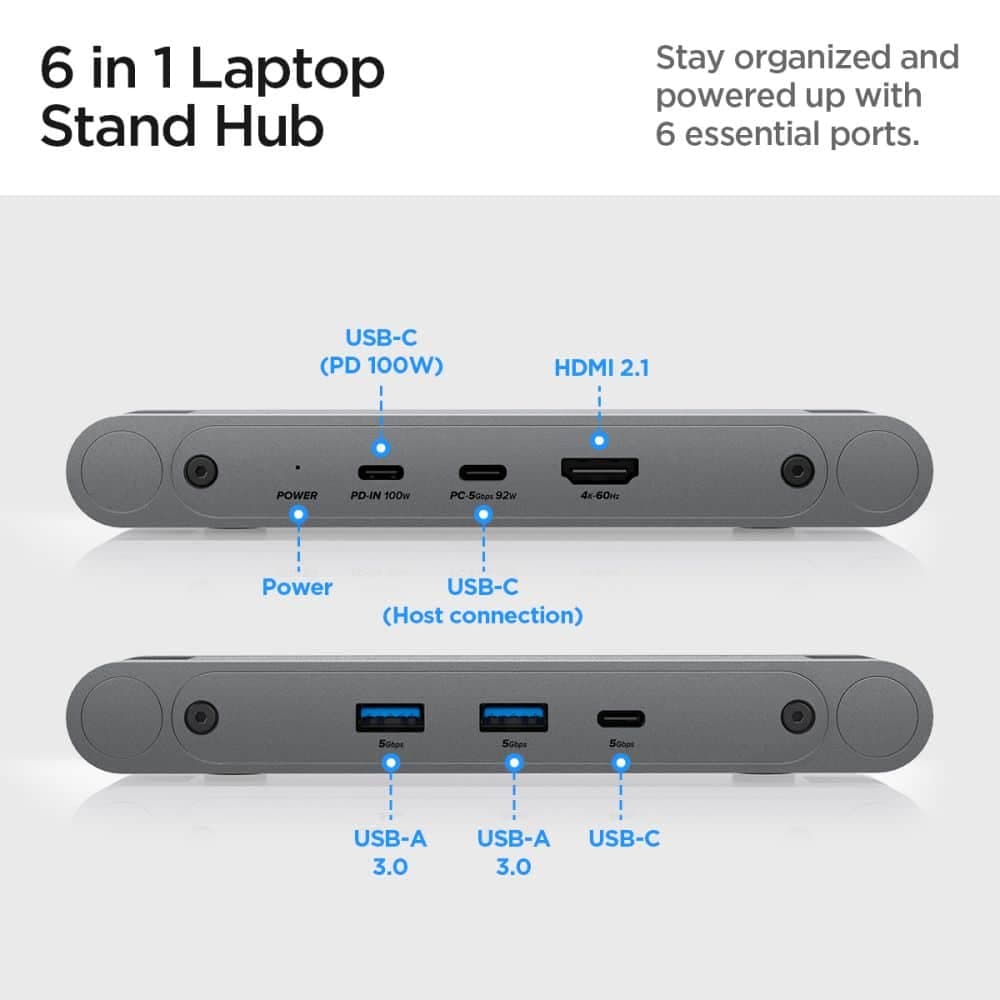 Spigen - Laptop Holder (ld204h) - With Built-In Hub 2x USB, 3x Type-C, Hdmi, 360° Rotation, Adjustable, Secure Grip - Silver 8