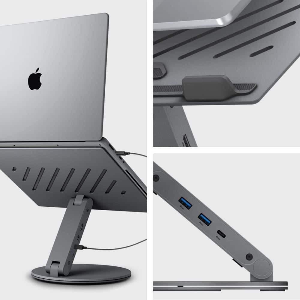 Spigen - Laptop Holder (ld204h) - With Built-In Hub 2x USB, 3x Type-C, Hdmi, 360° Rotation, Adjustable, Secure Grip - Silver 3