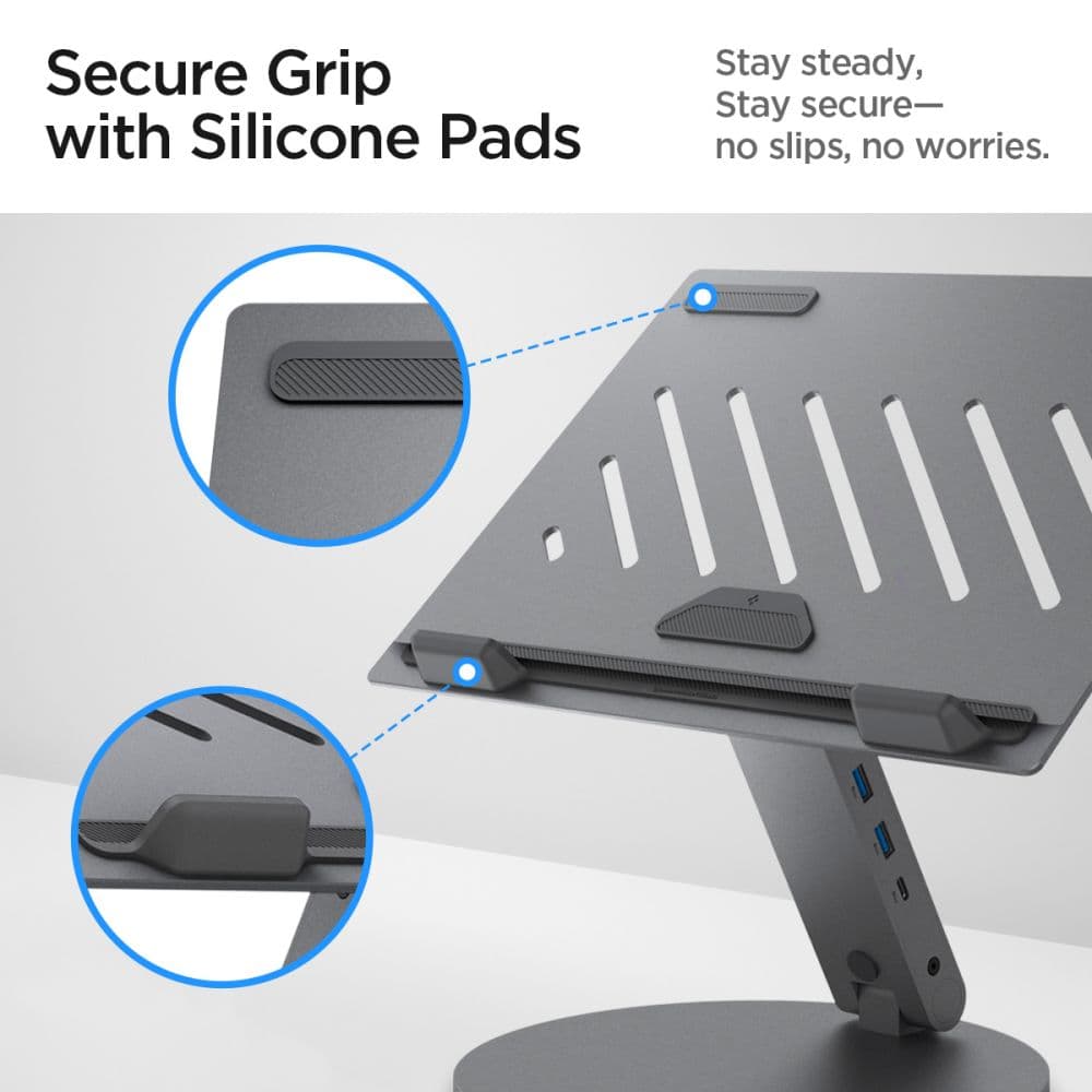 Spigen - Laptop Holder (ld204h) - With Built-In Hub 2x USB, 3x Type-C, Hdmi, 360° Rotation, Adjustable, Secure Grip - Silver 5