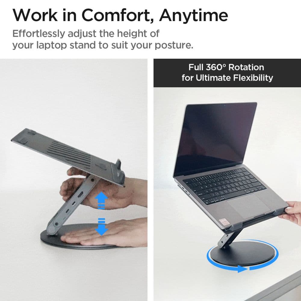 Spigen - Laptop Holder (ld204h) - With Built-In Hub 2x USB, 3x Type-C, Hdmi, 360° Rotation, Adjustable, Secure Grip - Silver 6