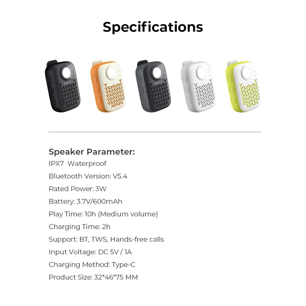 Havit - Wireless Speaker (sk868bt) - Bluetooth V5.4, 5w, 600mah, Ip67, Tws, Flashlight, Hands-Free Calls, Type-C - Black 7