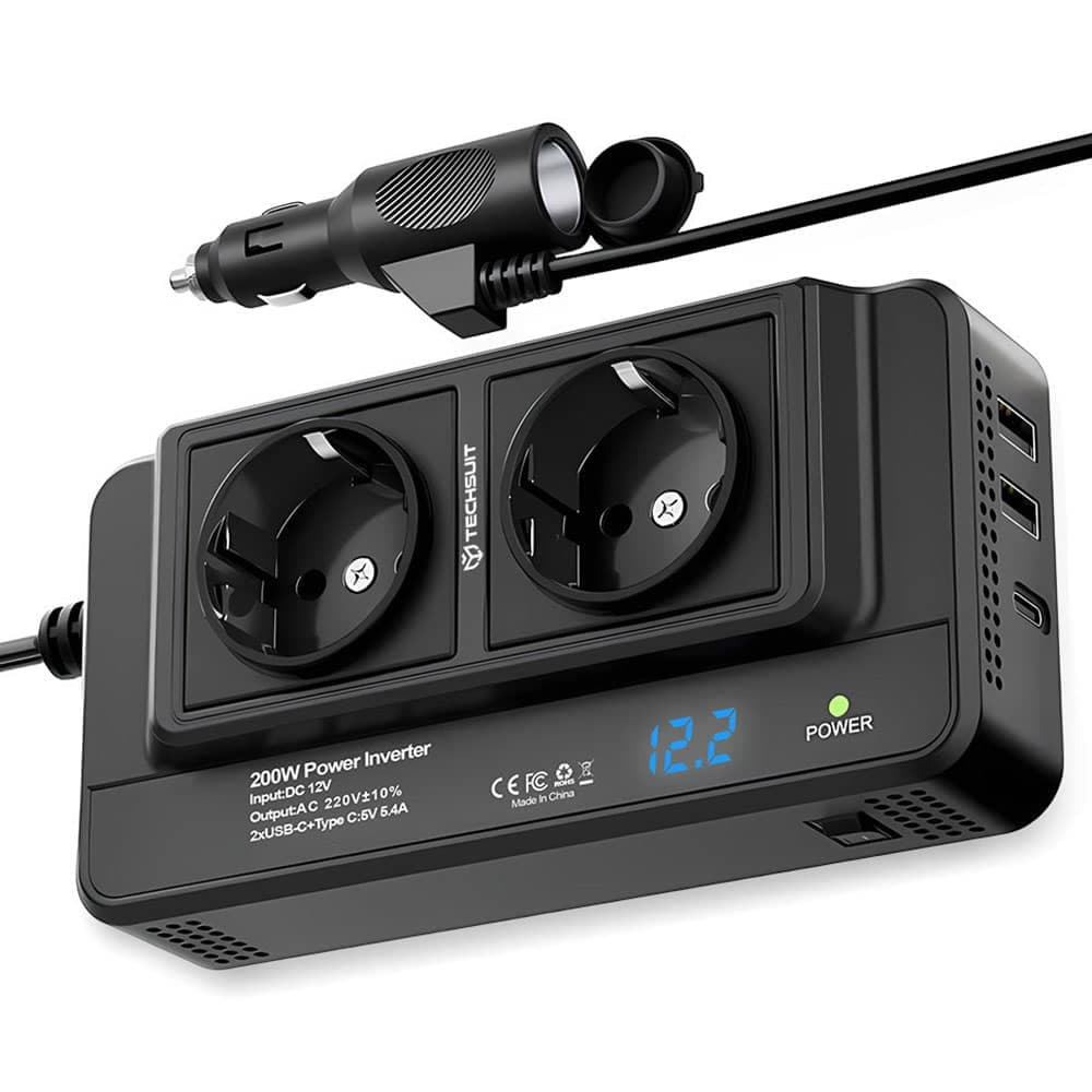 Techsuit - Car Power Inverter Powerdrivex (ia2) - Type-C, 2x USB-A, 2x Ac Power Sockets, 220v, 200w - Black
