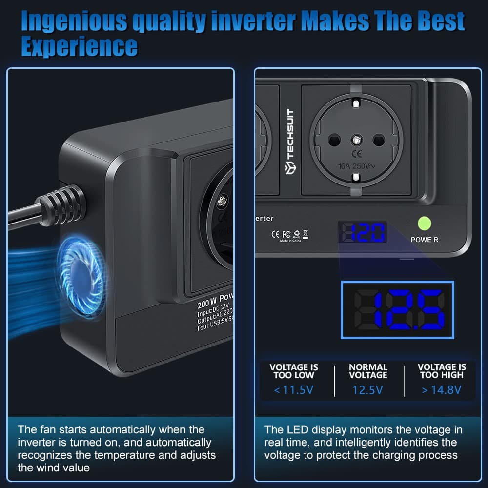 Techsuit - Car Power Inverter Powerdrivex (ia2) - Type-C, 2x USB-A, 2x Ac Power Sockets, 220v, 200w - Black 2