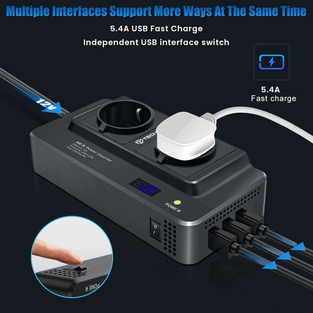 Techsuit - Car Power Inverter Powerdrivex (ia2) - Type-C, 2x USB-A, 2x Ac Power Sockets, 220v, 200w - Black 7