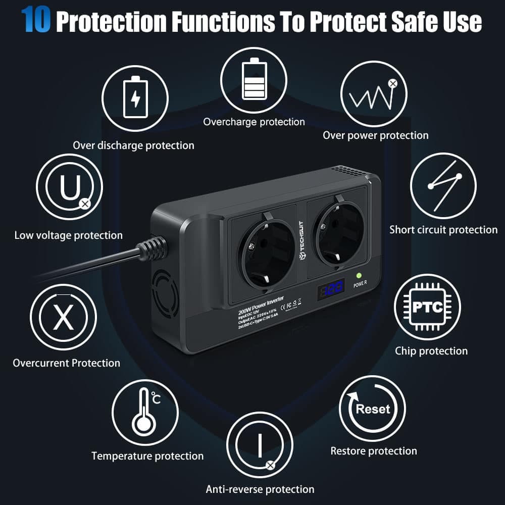 Techsuit - Car Power Inverter Powerdrivex (ia2) - Type-C, 2x USB-A, 2x Ac Power Sockets, 220v, 200w - Black 3