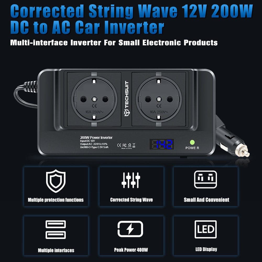 Techsuit - Car Power Inverter Powerdrivex (ia2) - Type-C, 2x USB-A, 2x Ac Power Sockets, 220v, 200w - Black 6