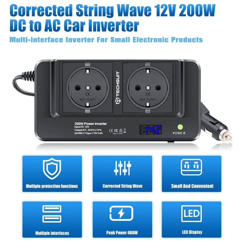 Techsuit - Car Power Inverter Powerdrivex (ia2) - Type-C, 2x USB-A, 2x Ac Power Sockets, 220v, 200w - Black 4