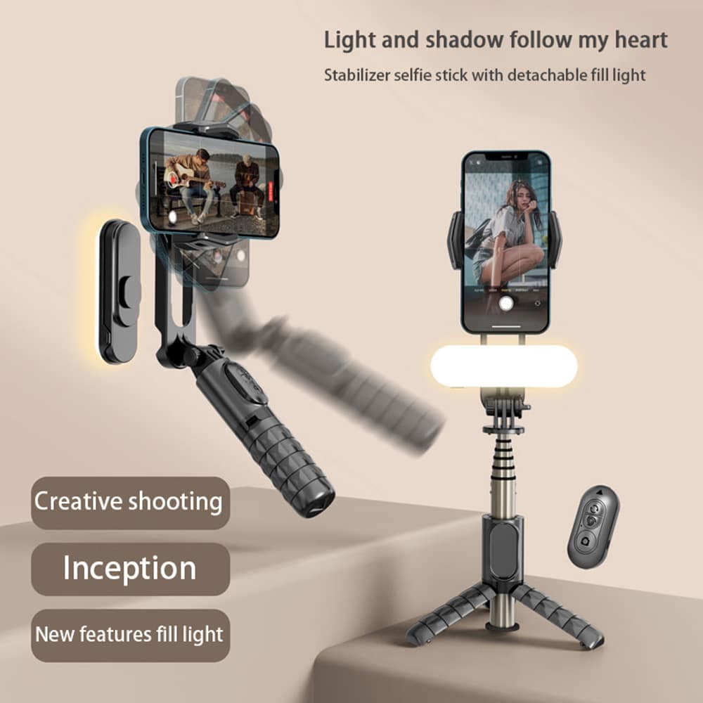 Techsuit - Gimbal Mini Selfie Stick (Q09) - Stabilizer Tripod with LED Light and Bluetooth Remote Control, 70cm - Black 8