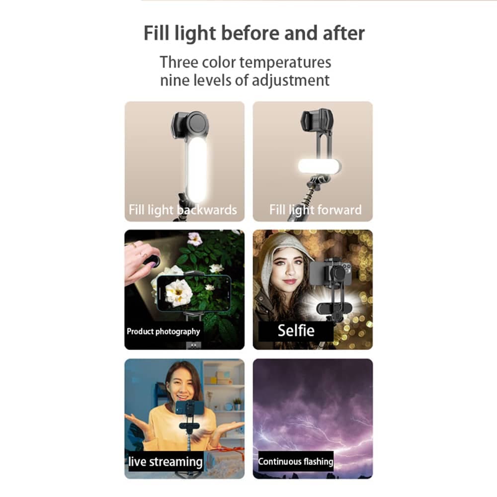Techsuit - Gimbal Mini Selfie Stick (Q09) - Stabilizer Tripod with LED Light and Bluetooth Remote Control, 70cm - Black 6