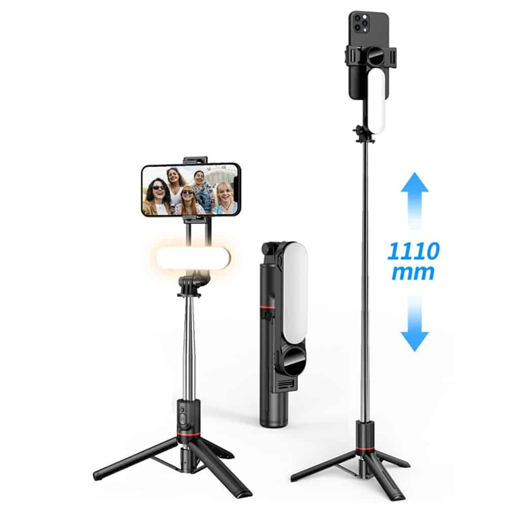 Techsuit - Selfie Stick (L15) - Portable Stable Tripod, Detachable LED Light with Wireless Remote Control, 114cm - Black