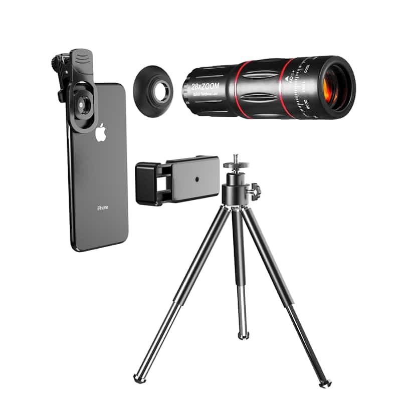 Techsuit - Σετ Φακού Κάμερας Τηλεφώνου (W28) - 28xZoom, HD Κρύσταλλο Lanthanide με Τρίποδο, Σύνδεση & E-Clip και Τσάντα - Μαύρο 2