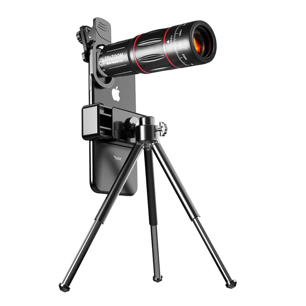 Techsuit - Σετ Φακού Κάμερας Τηλεφώνου (W28) - 28xZoom, HD Κρύσταλλο Lanthanide με Τρίποδο, Σύνδεση & E-Clip και Τσάντα - Μαύρο 5