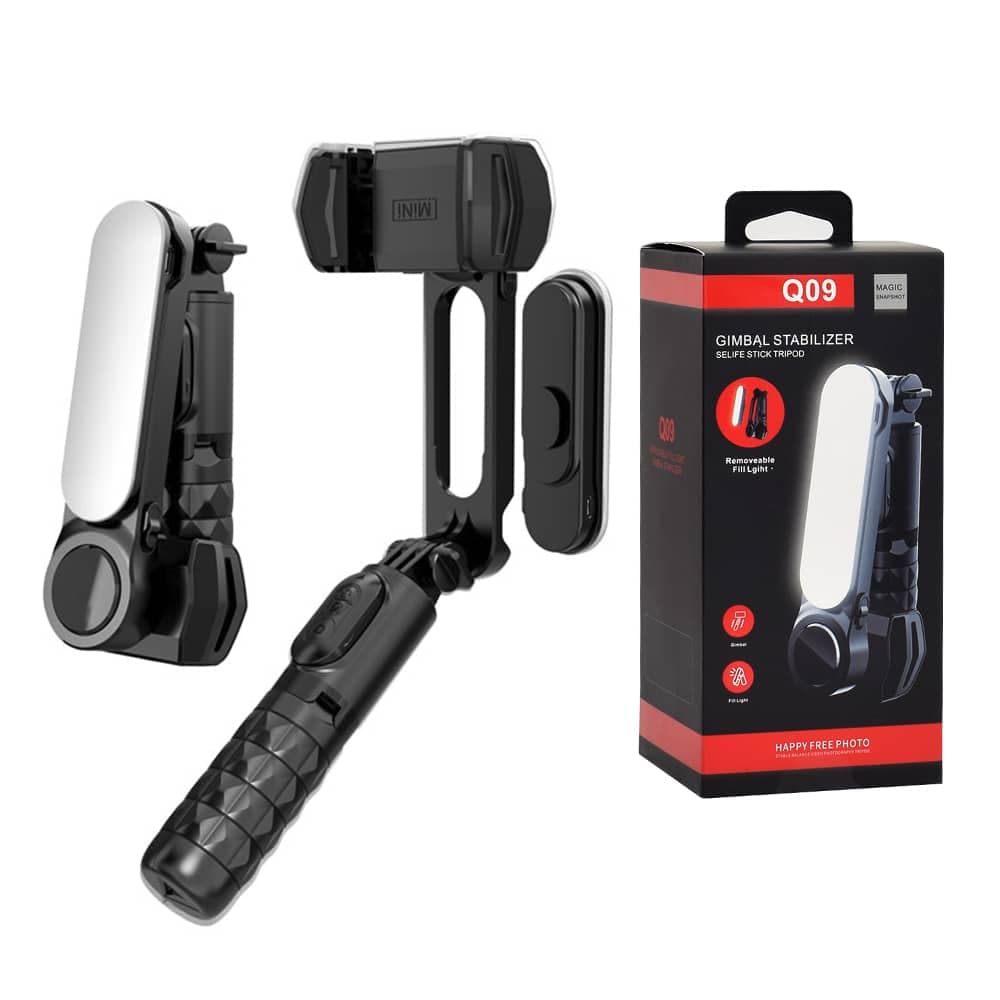 Techsuit - Gimbal Mini Selfie Stick (Q09) - Stabilizer Tripod with LED Light and Bluetooth Remote Control, 70cm - Black