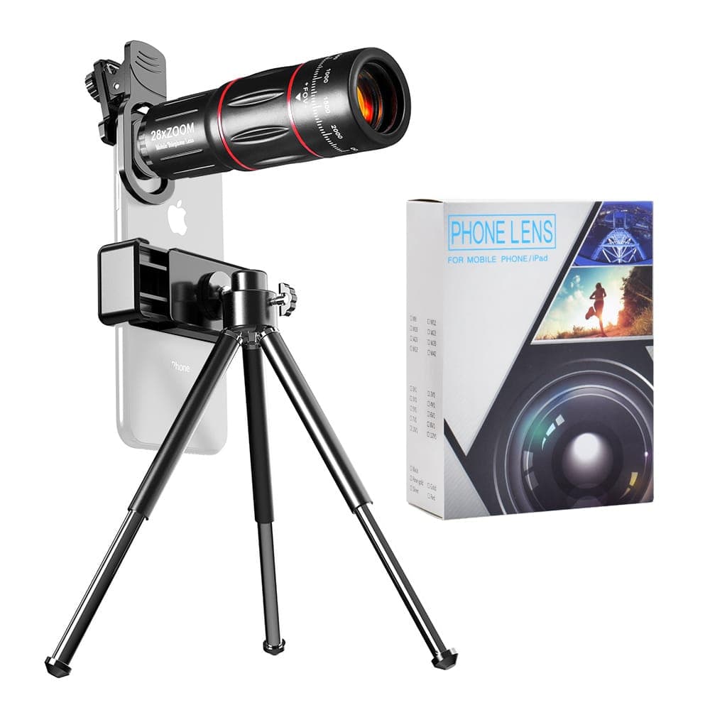Techsuit - Σετ Φακού Κάμερας Τηλεφώνου (W28) - 28xZoom, HD Κρύσταλλο Lanthanide με Τρίποδο, Σύνδεση & E-Clip και Τσάντα - Μαύρο