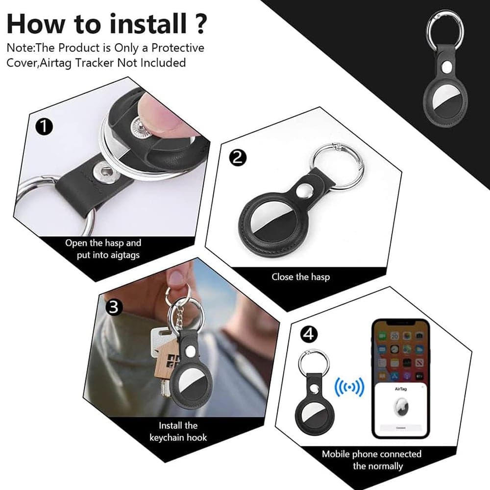 Techsuit - Secure Leather Holder (SLH1) - Apple AirTag Case, with Metal Ring - Black 3