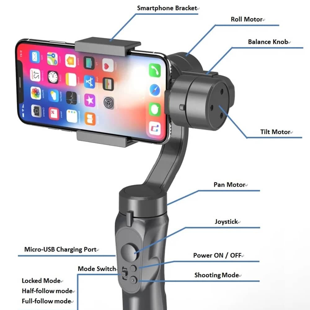 Techsuit - Phone Gimbal (H4) - with 3 Axis Handheld, Joystick, Micro-USB, 6.1inch Max, Aluminum Alloy, 2200mAh - Black 5
