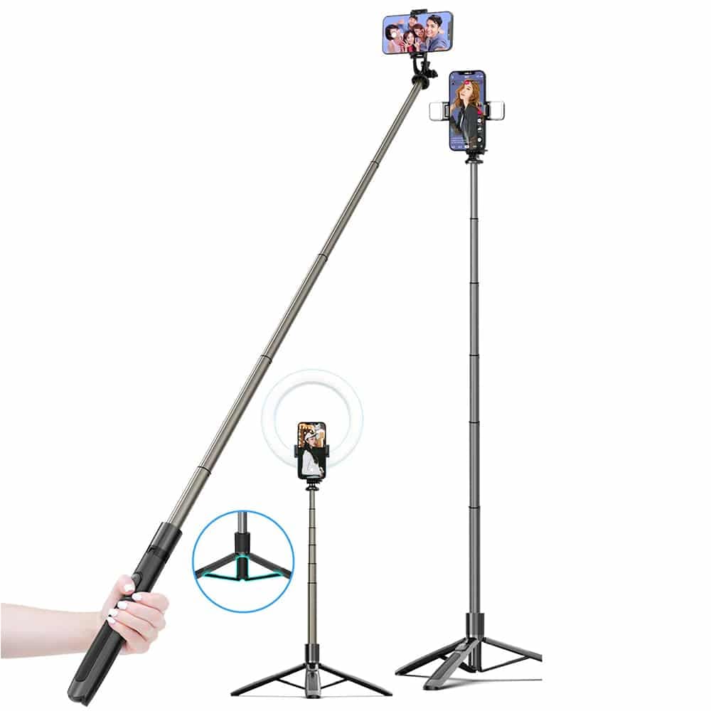 Techsuit - Selfie Stick (Q06) - Stable Tripod with Bluetooth Remote Control, Aluminium Alloy, 360 Rotation, 156cm - Black