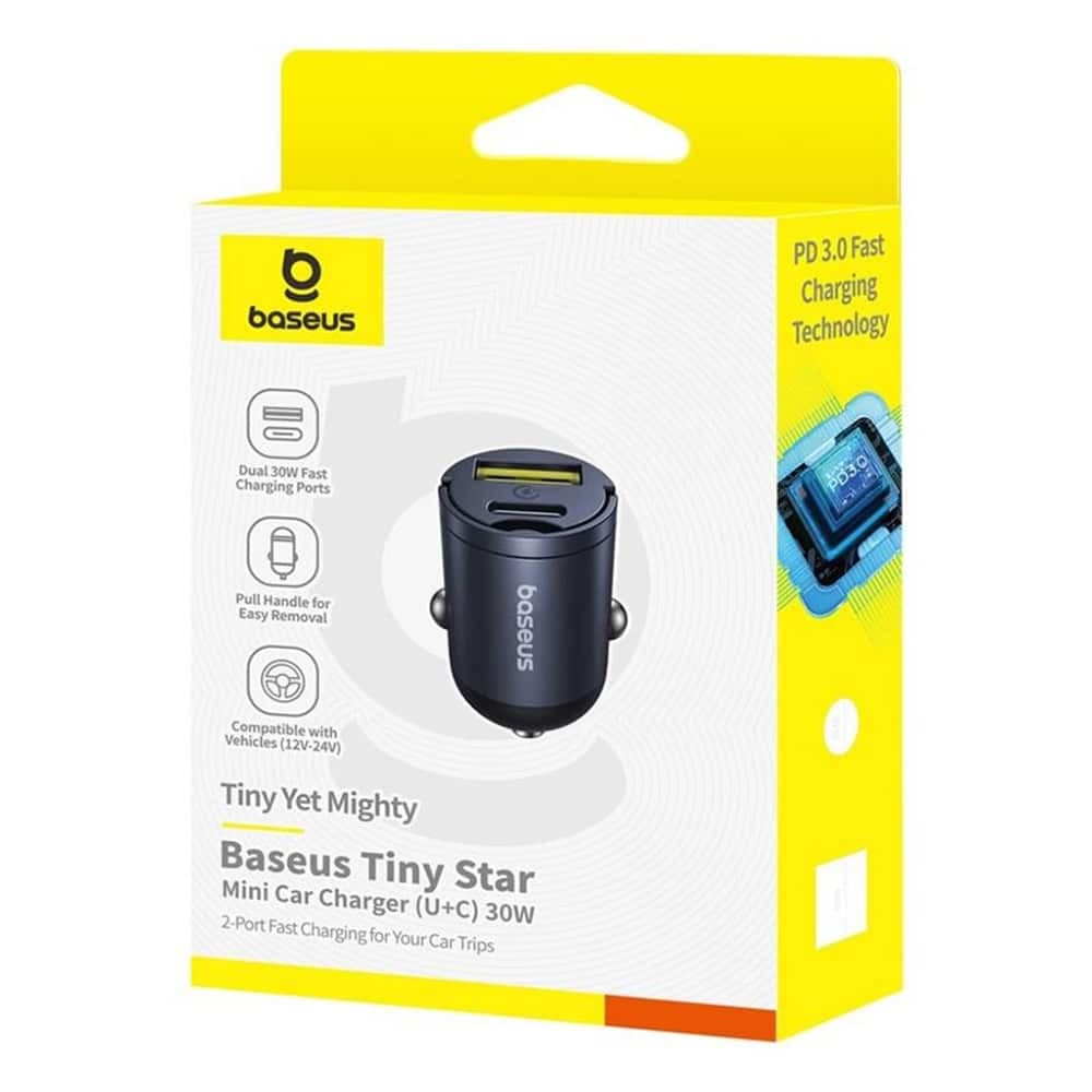 Baseus - Car Charger Tiny Star Mini (c00035001121-02) - USB, Type-C, 30w, With Built-In Pull Handle, 12v To 24v - Black 5