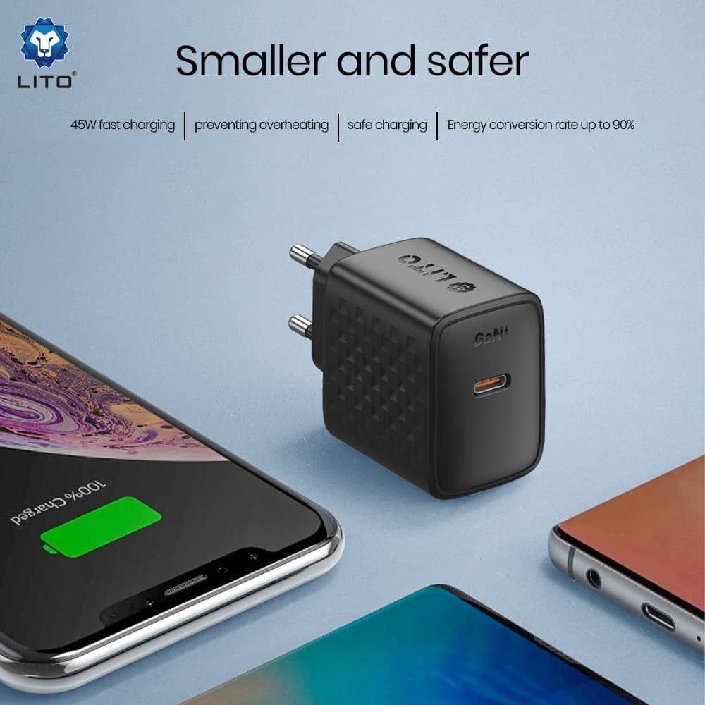 Lito - Wall Charger (lc20) - Type-C Output, Pd45w, Gan, Pc Fireproof, Eu Plug - Black 4