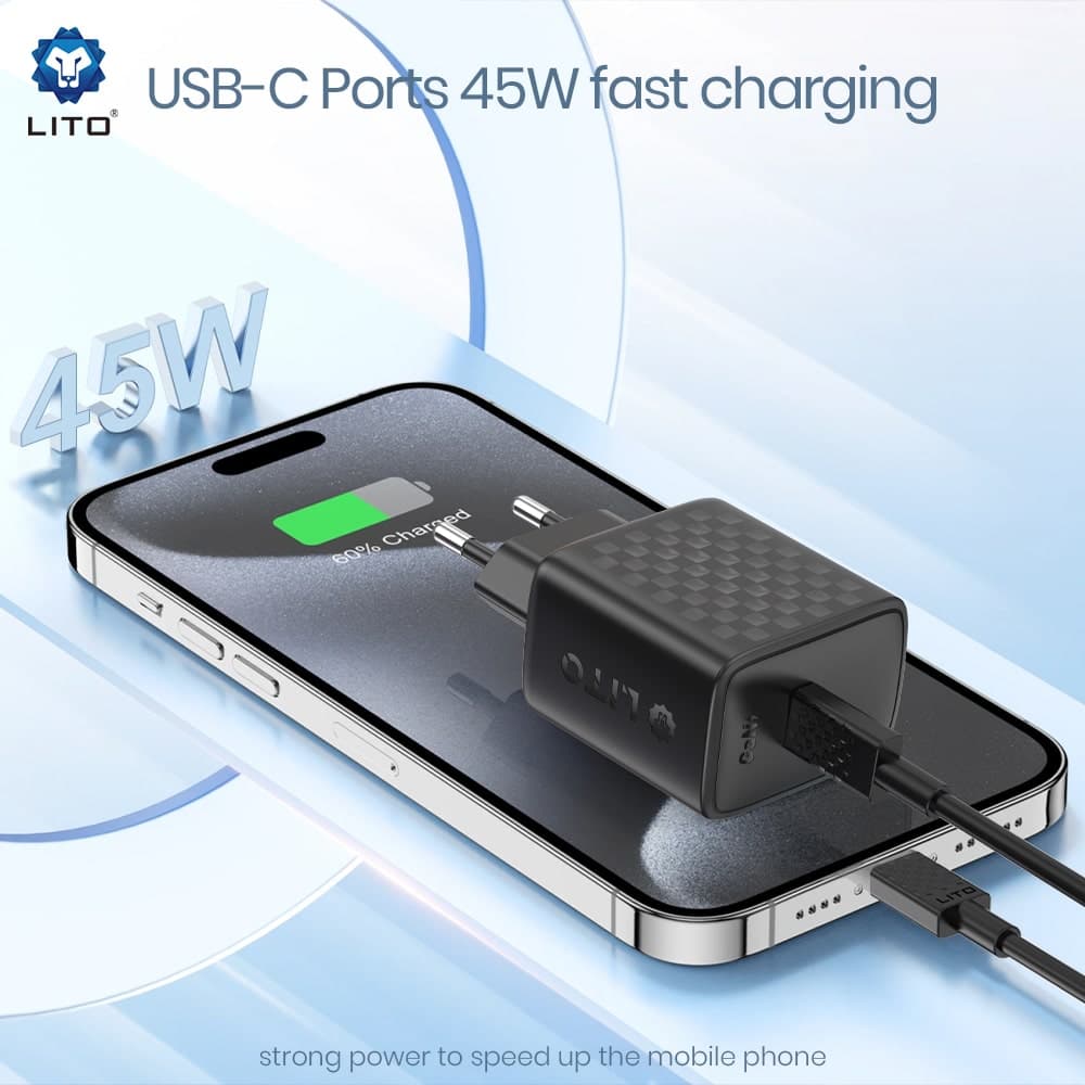 Lito - Wall Charger (lc20) - Type-C Output, Pd45w, Gan, Pc Fireproof, Eu Plug - Black 3
