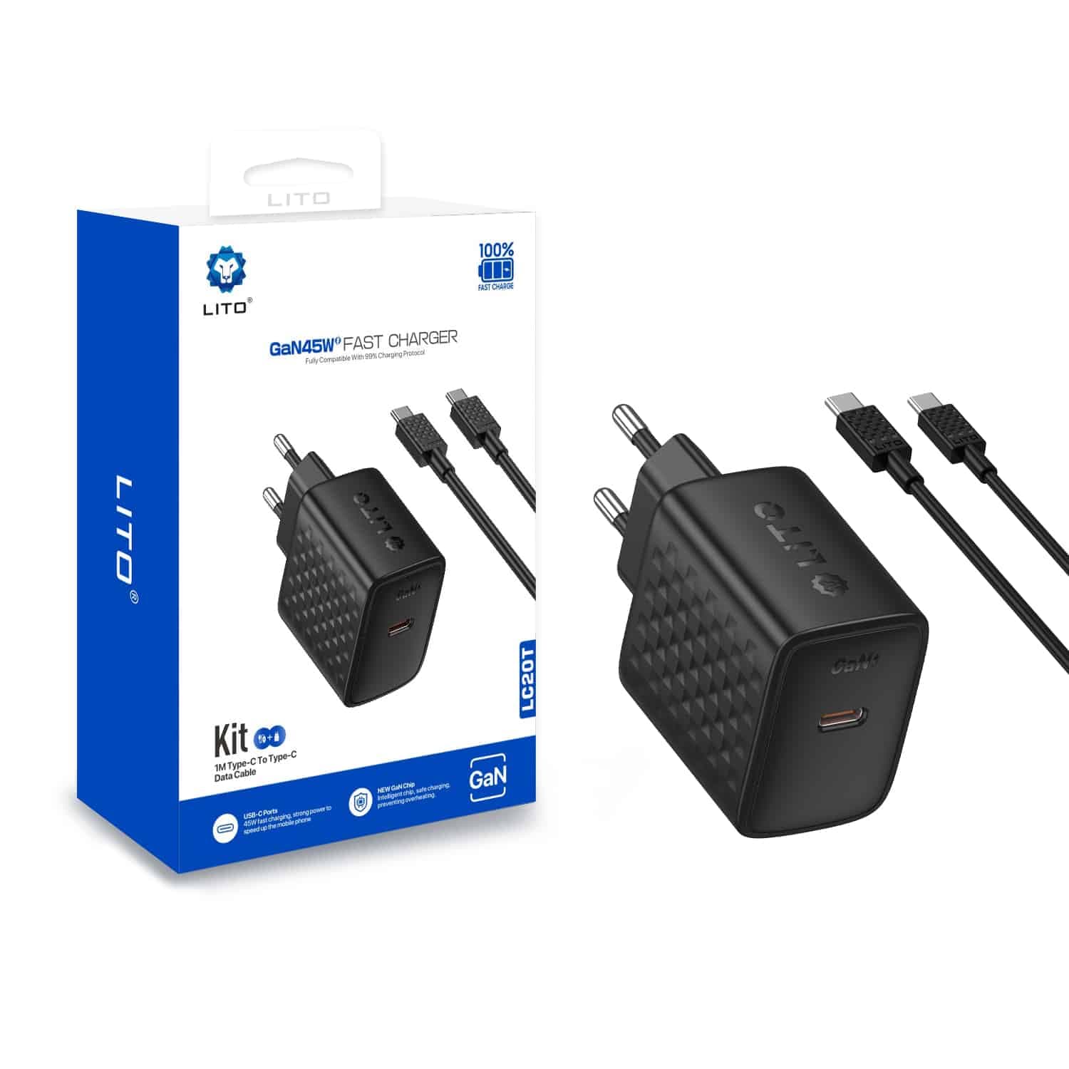 Lito - Wall Charger (lc20t) - With Type-C Καλώδιο Included, Type-C Output, Pd45w, Gan, Pc Fireproof, Eu Plug - Black 6