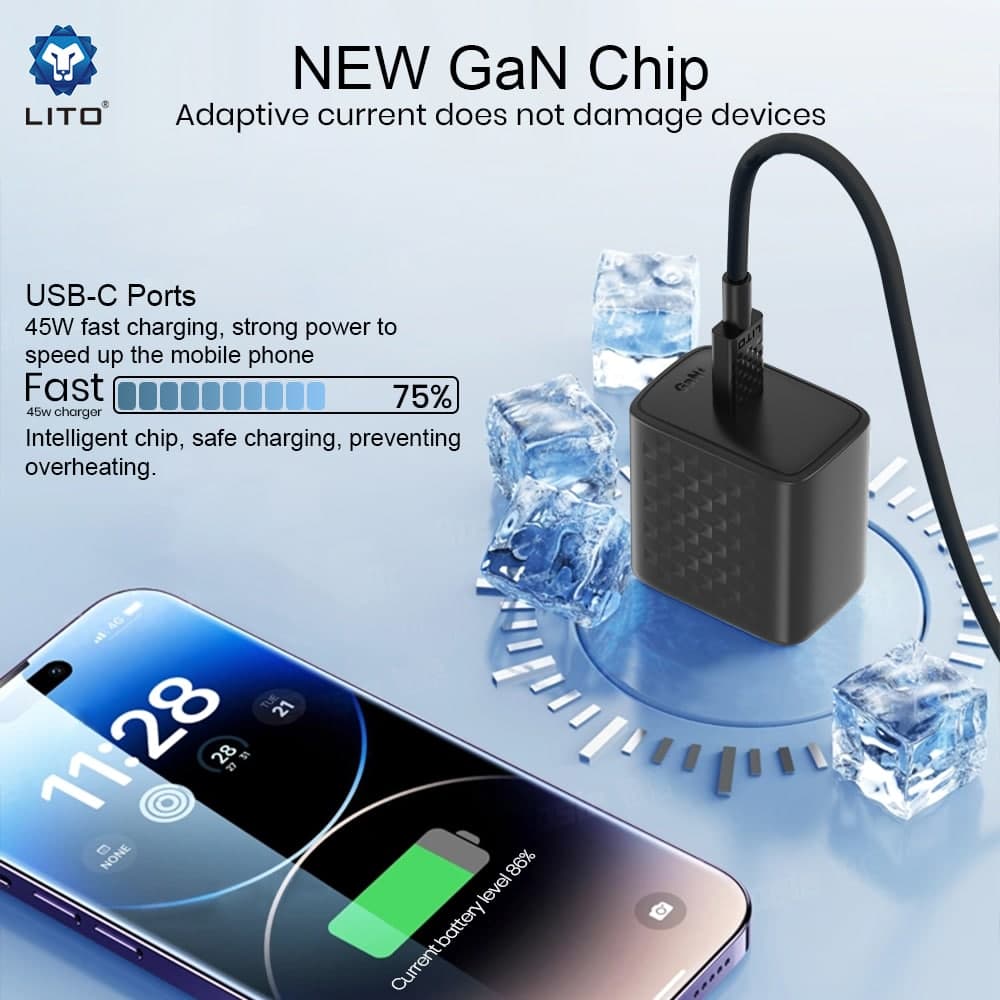 Lito - Wall Charger (lc20t) - With Type-C Καλώδιο Included, Type-C Output, Pd45w, Gan, Pc Fireproof, Eu Plug - Black 3
