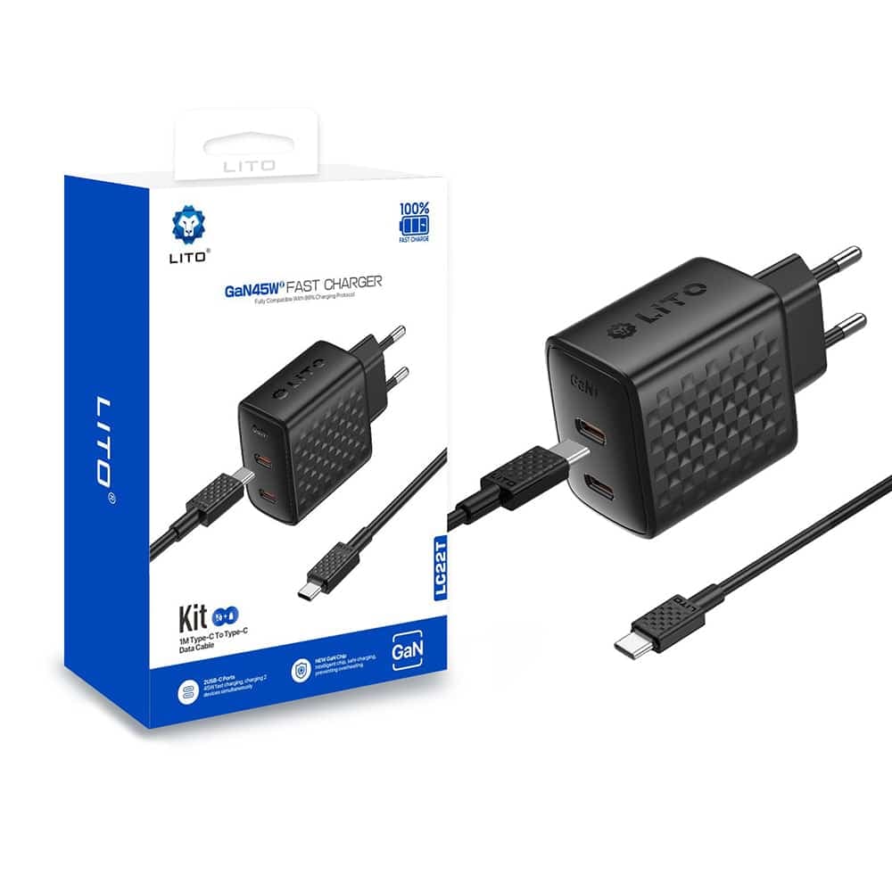 Lito - Wall Charger (lc22t) - With Type-C Καλώδιο Included, 2x Type-C Output, Pd45w, Gan, Pc Fireproof, Eu Plug - Black