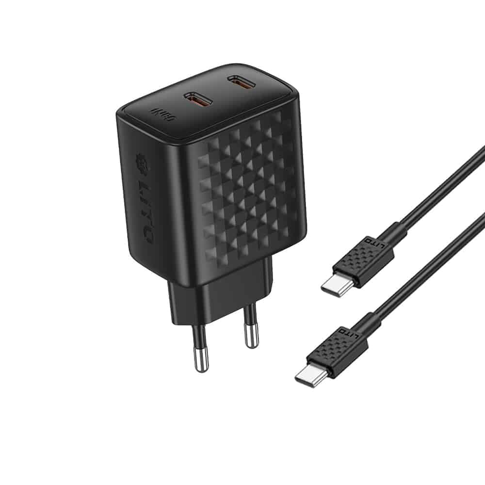 Lito - Wall Charger (lc22t) - With Type-C Καλώδιο Included, 2x Type-C Output, Pd45w, Gan, Pc Fireproof, Eu Plug - Black 2