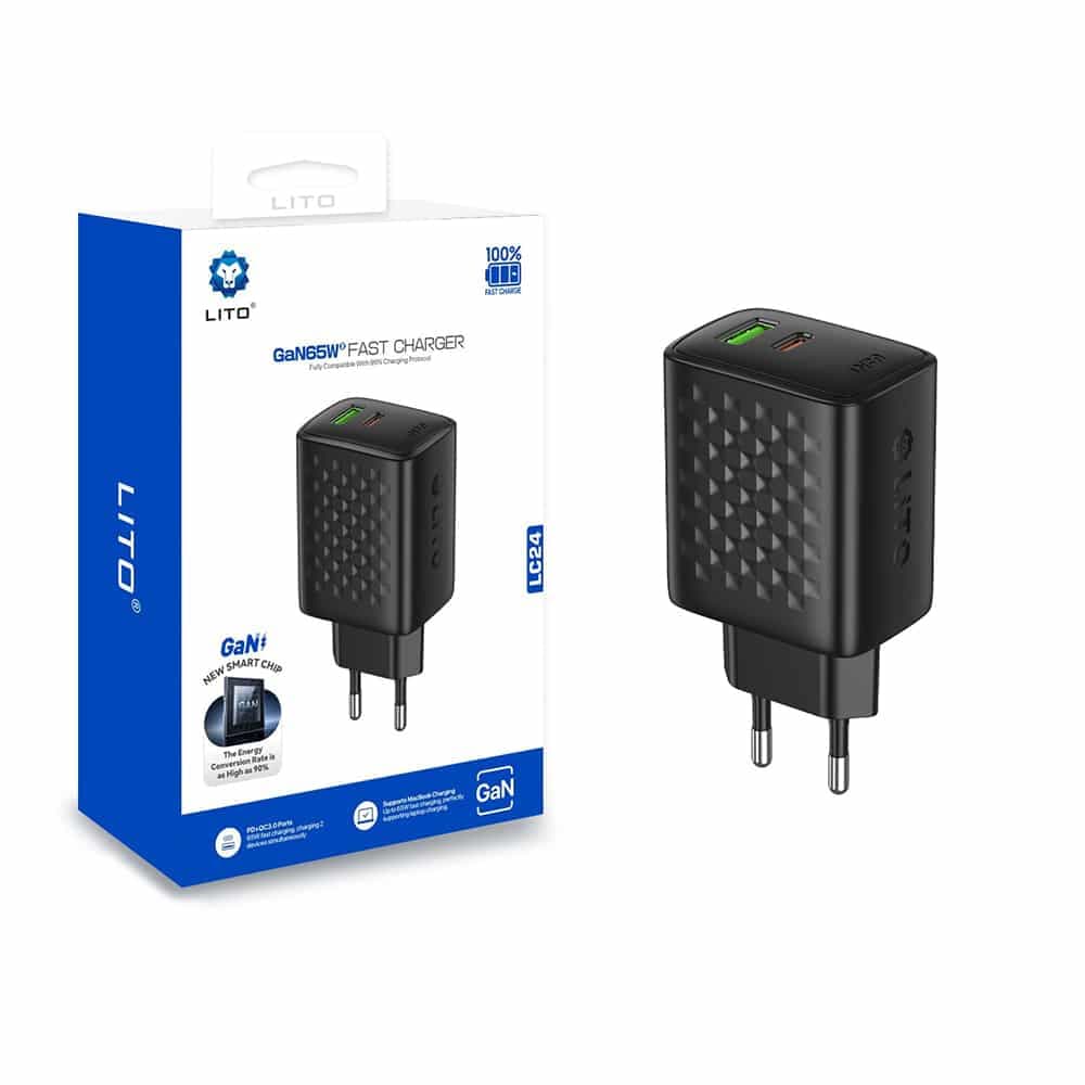 Lito - Wall Charger (lc24) - Type-C, USB Output, Pd65w, Gan, Pc Fireproof, Eu Plug - Black