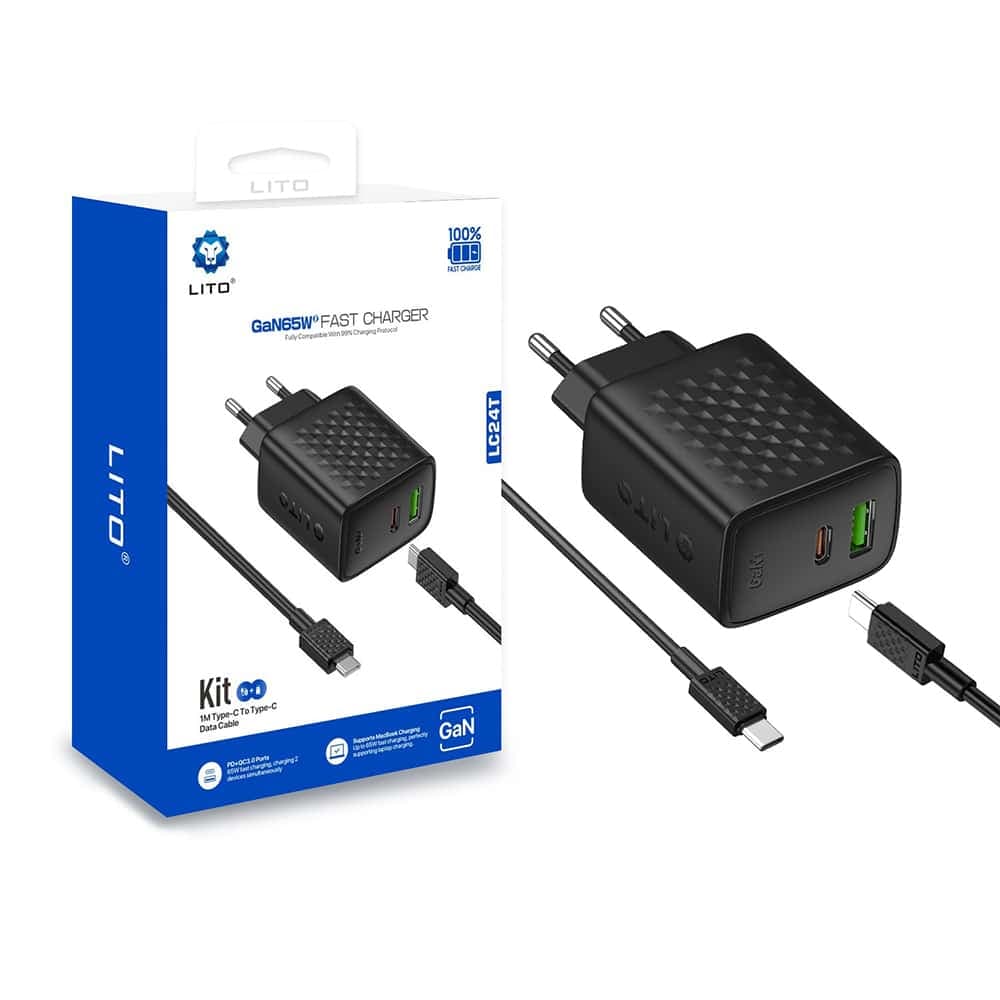 Lito - Wall Charger (lc24t) - With Type-C Καλώδιο Included, Type-C, USB Output, Pd65w, Gan, Pc Fireproof, Eu Plug - Black