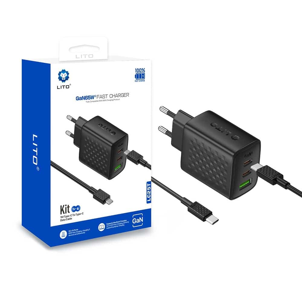 Lito - Wall Charger (lc25t) - With Type-C Καλώδιο Included, 2x Type-C, USB Output, Pd65w, Gan, Pc Fireproof, Eu Plug - Black