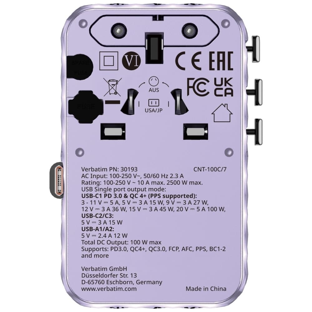 Verbatim Φορητός Αντάπτορας Eu/uk/us Gan 2xusb-C/2xusb-A/1xusb-C Pd 100w Μωβ 30193 2