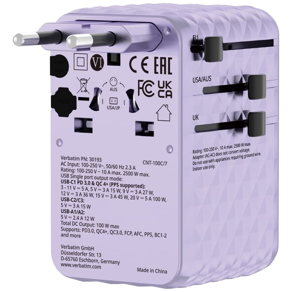 Verbatim Φορητός Αντάπτορας Eu/uk/us Gan 2xusb-C/2xusb-A/1xusb-C Pd 100w Μωβ 30193 3