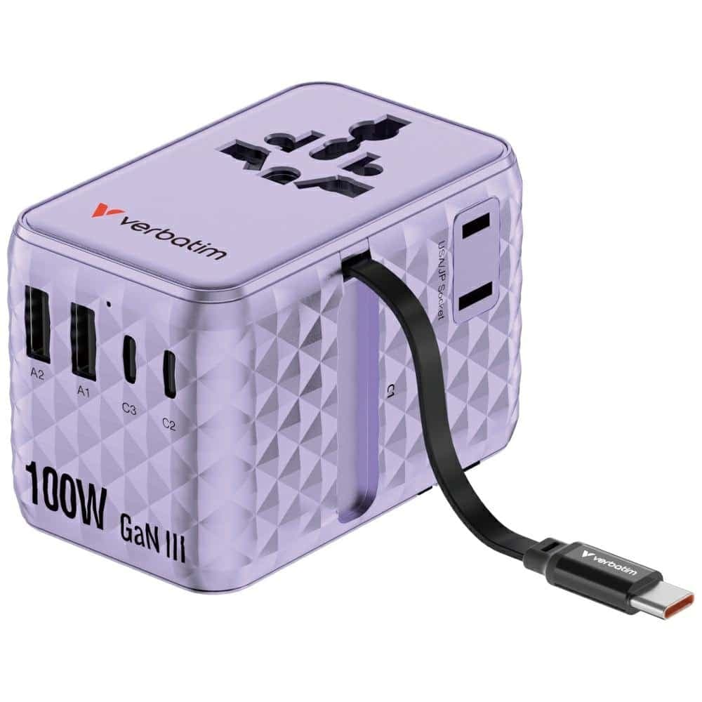Verbatim Φορητός Αντάπτορας Eu/uk/us Gan 2xusb-C/2xusb-A/1xusb-C Pd 100w Μωβ 30193