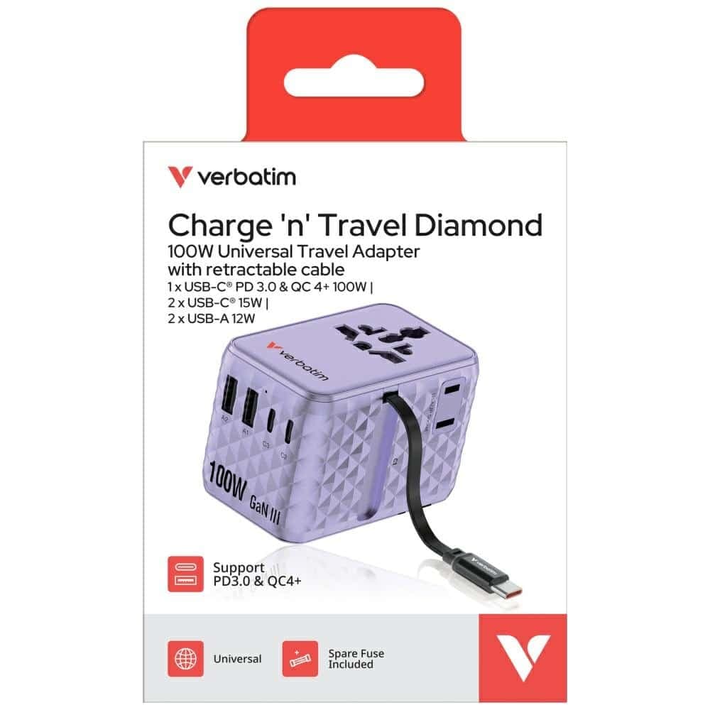 Verbatim Φορητός Αντάπτορας Eu/uk/us Gan 2xusb-C/2xusb-A/1xusb-C Pd 100w Μωβ 30193 7