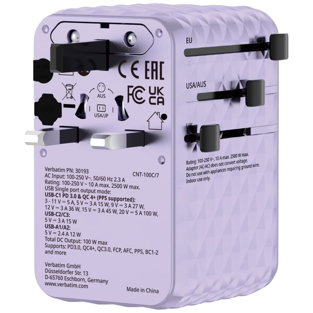 Verbatim Φορητός Αντάπτορας Eu/uk/us Gan 2xusb-C/2xusb-A/1xusb-C Pd 100w Μωβ 30193 5