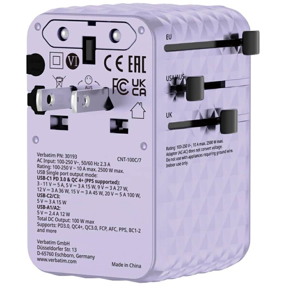 Verbatim Φορητός Αντάπτορας Eu/uk/us Gan 2xusb-C/2xusb-A/1xusb-C Pd 100w Μωβ 30193 6