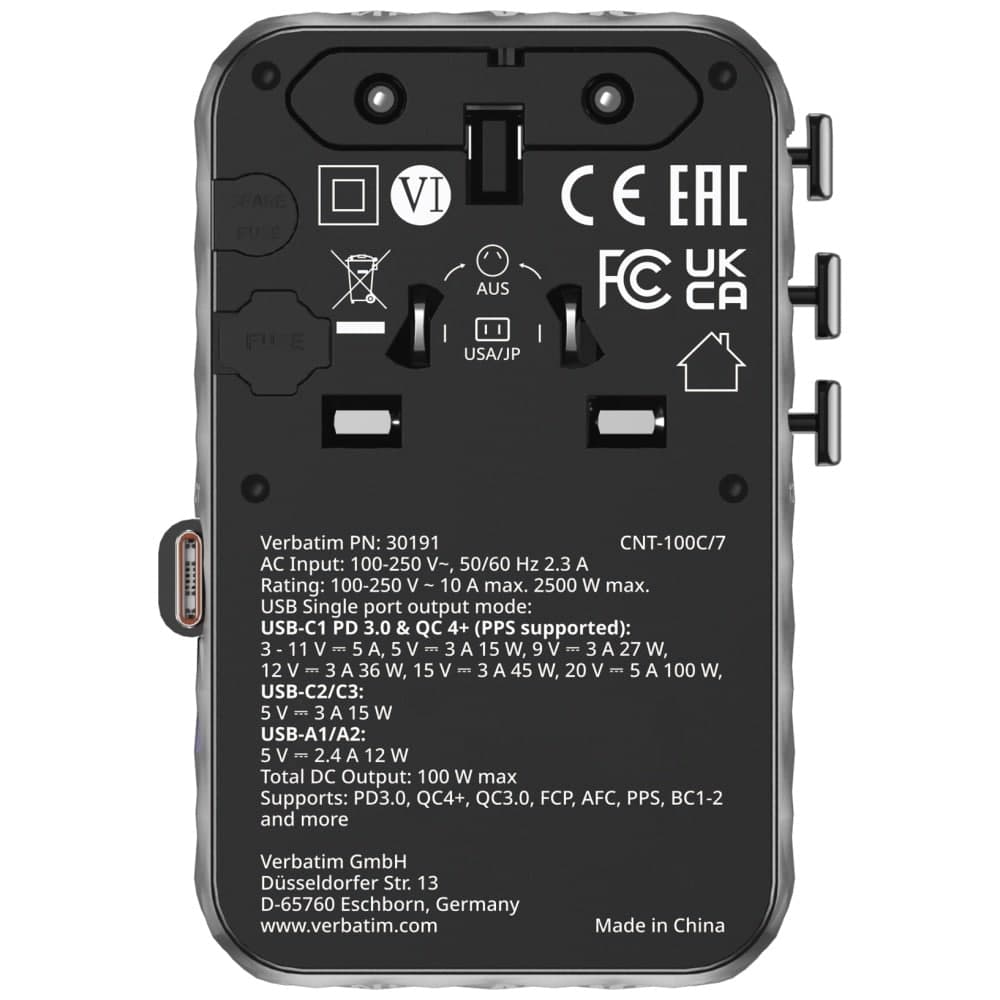 Verbatim Αντάπτορας Ταξιδίου Eu/uk/us Gan Με 2xusb-C/2xusb-A/1xusb-C Pd 100w Μαύρος 30191 2