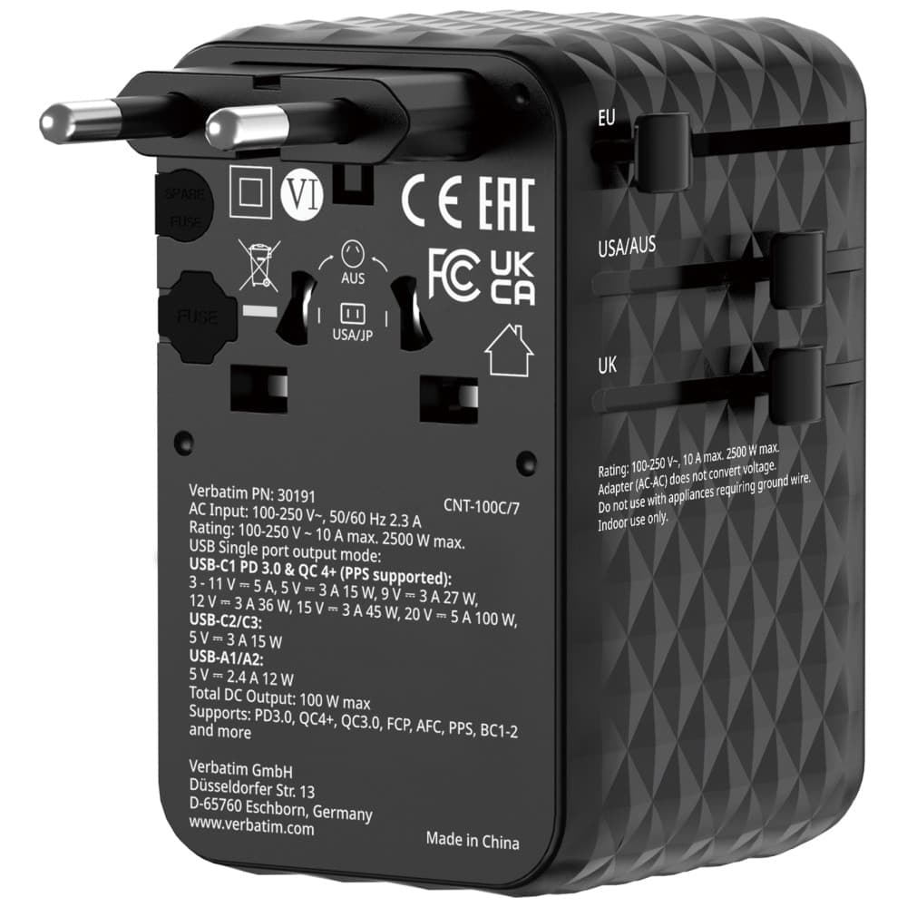 Verbatim Αντάπτορας Ταξιδίου Eu/uk/us Gan Με 2xusb-C/2xusb-A/1xusb-C Pd 100w Μαύρος 30191 3